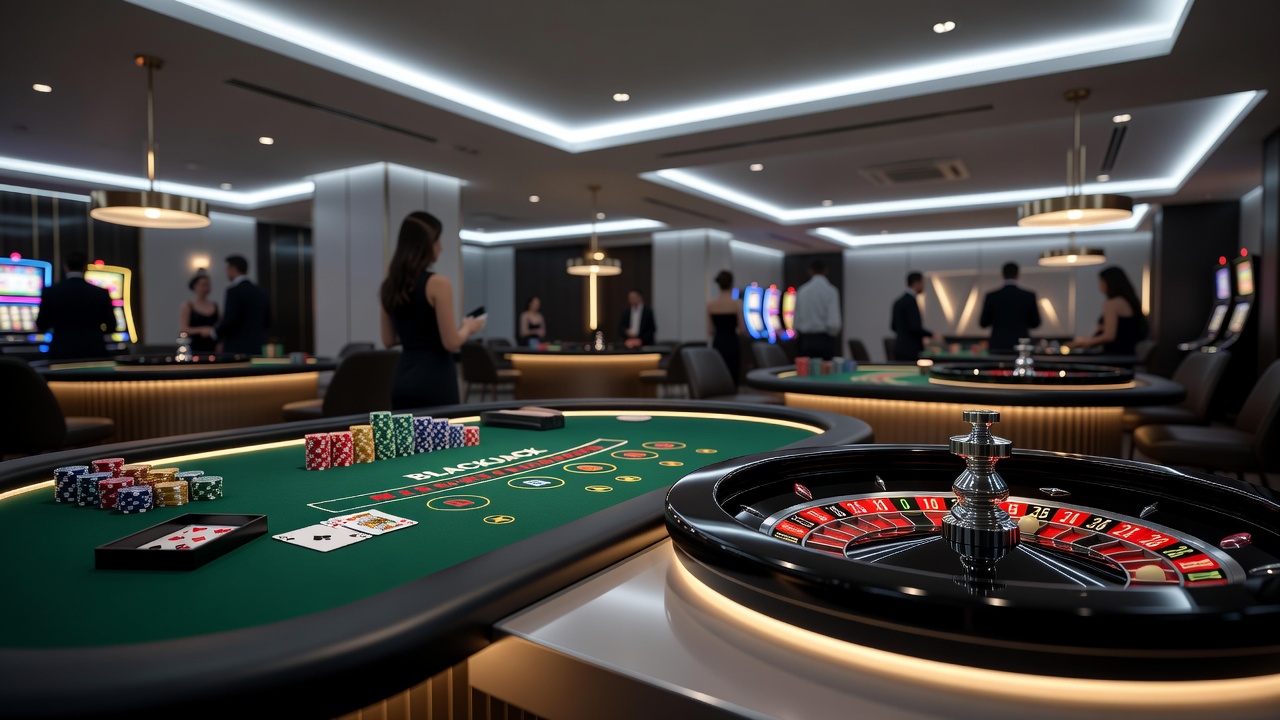 Verschiedene Casinospiele wie Roulette, Blackjack und Slots auf einem Tisch dargestellt