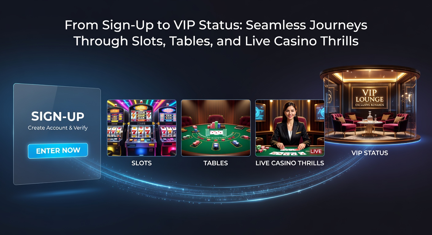 Ein Neuling meldet sich an und taucht ein in die bunte Welt der Slots, während VIPs in exklusiven Lounges glänzen