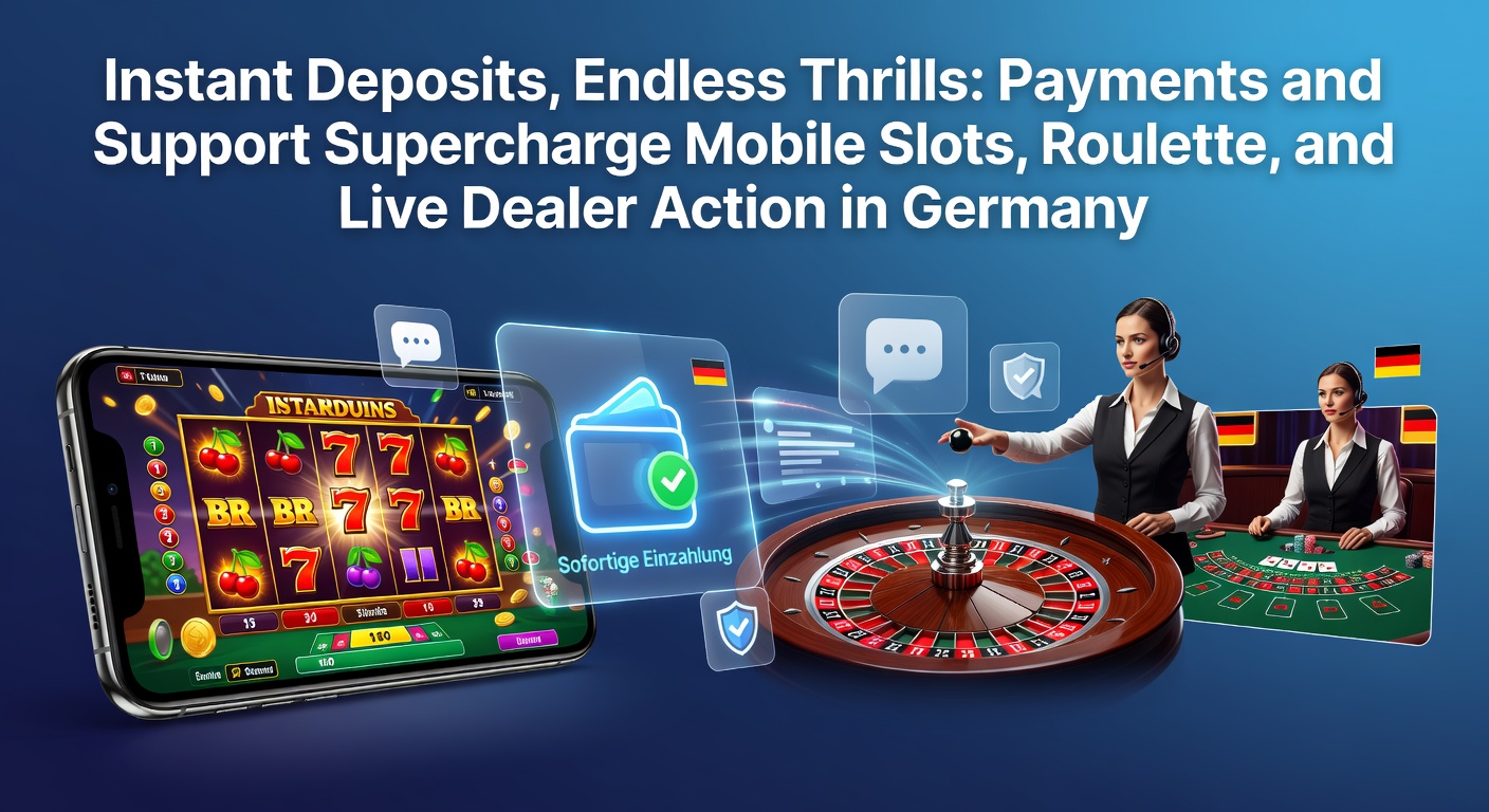 Smartphone mit laufendem Mobile-Slot-Spiel und Einzahlungsbestätigung, umgeben von Roulette-Tischen und Live-Dealern im deutschen Casino-Kontext